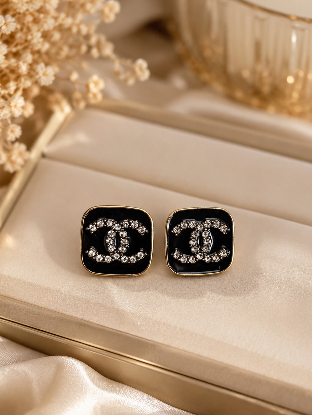 Black Square CC Earrings